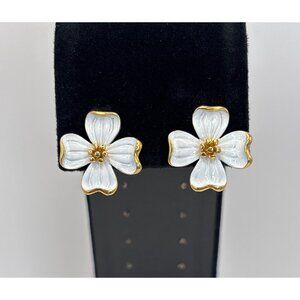 Monet Vintage Dogwood Flower Gold Tone Clip On White Enamel Earrings Signed